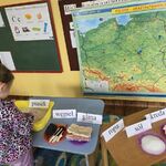Dziewczynka ogląda skarby ziemi_ które znajdują się na stolikach.