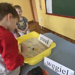 Chłopiec odkrywa dinozaura ukrytego w piasku_ używając pędzelka.