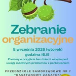 Plakat informacyjny na temat zebrania organizacyjnego w przedszkolu.
