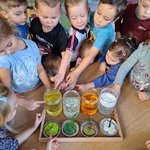 dzieci stoją wokół stolika_ wskazują na słoiki stojące przed nimi.