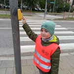 Chłopiec naciskający przycisk od sygnalizatora świetlnego przy przejściu da pieszych
