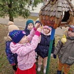 Grupa dzieci patrzy jak dziewczynka wiesza słoninke na karmniku.