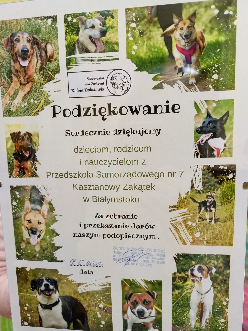 Podziękowanie ze Schroniska dla zwierząt za zebrane dary.jpg
