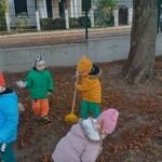 grupa dzieci grabiąca liście pod drzewami