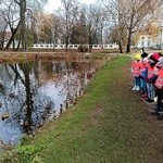 Grupa przedszkolaków obserwuje kaczki w pałacowym stawie.