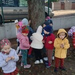 grupa dzieci obejmująca pień drzewa_ chłopiec trzyma kasztany