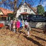 Dziewczynka grabi liście_ a grupa dzieci stoi wokół drzewa.