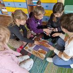Grupa dzieci układa na kartce obrazki przedstawiające skamieniałości.